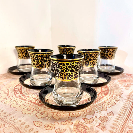 阿爾罕布拉宮紋飾玻璃杯 -單隻連杯碟（鑽黑色）