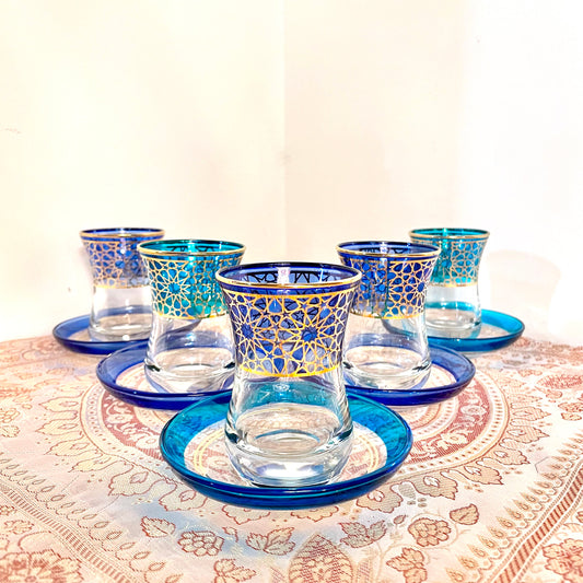 阿爾罕布拉宮紋飾玻璃杯 -單隻連杯碟（鑽藍色）
