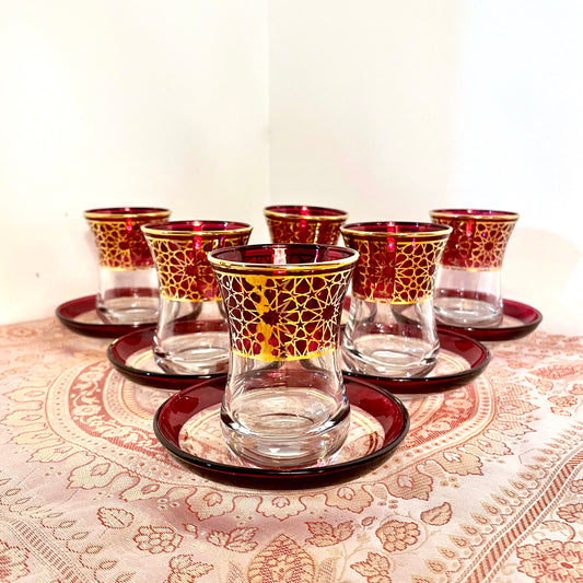 阿爾罕布拉宮紋飾玻璃杯 -單隻連杯碟（玫瑰紅色）
