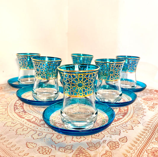 阿爾罕布拉宮紋飾玻璃杯 -單隻連杯碟（湖水藍）